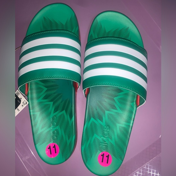 Adidas Green and White Striped Slides